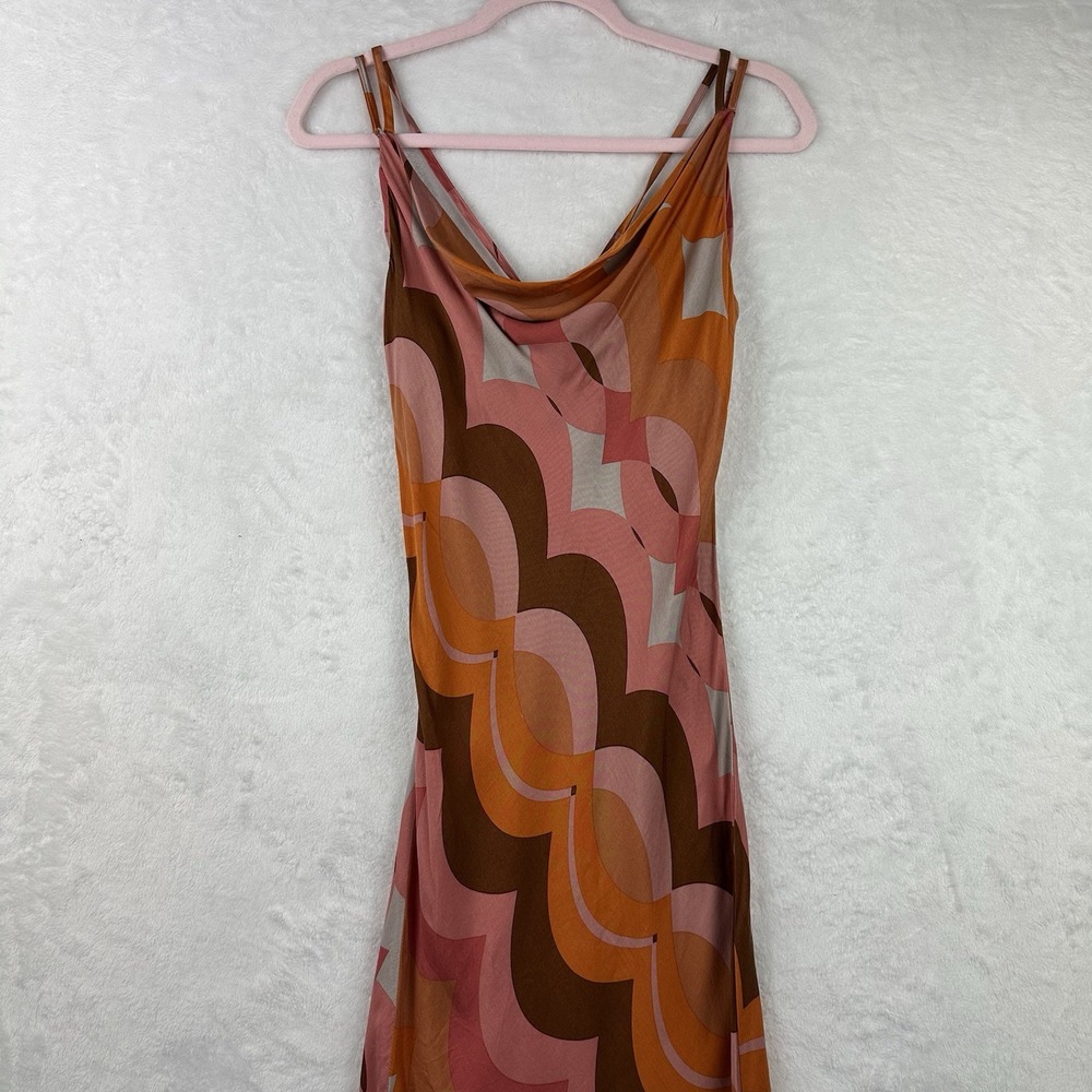 Two Cumberland Geometric Brown Orange‎ Multi Midi Dress Women Medium Adjustable